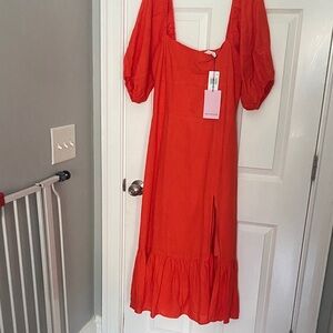 Avec Les Filles Orange-Red Puff Sleeve Maxi Dress